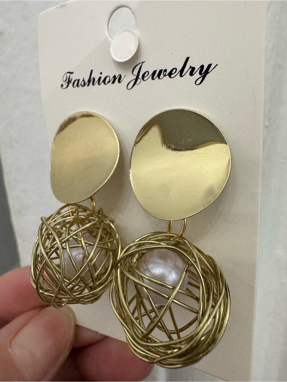 Fashion Jewelry Gold Wire Orb Drop Earrings with Pearl - Picture 2 of 3